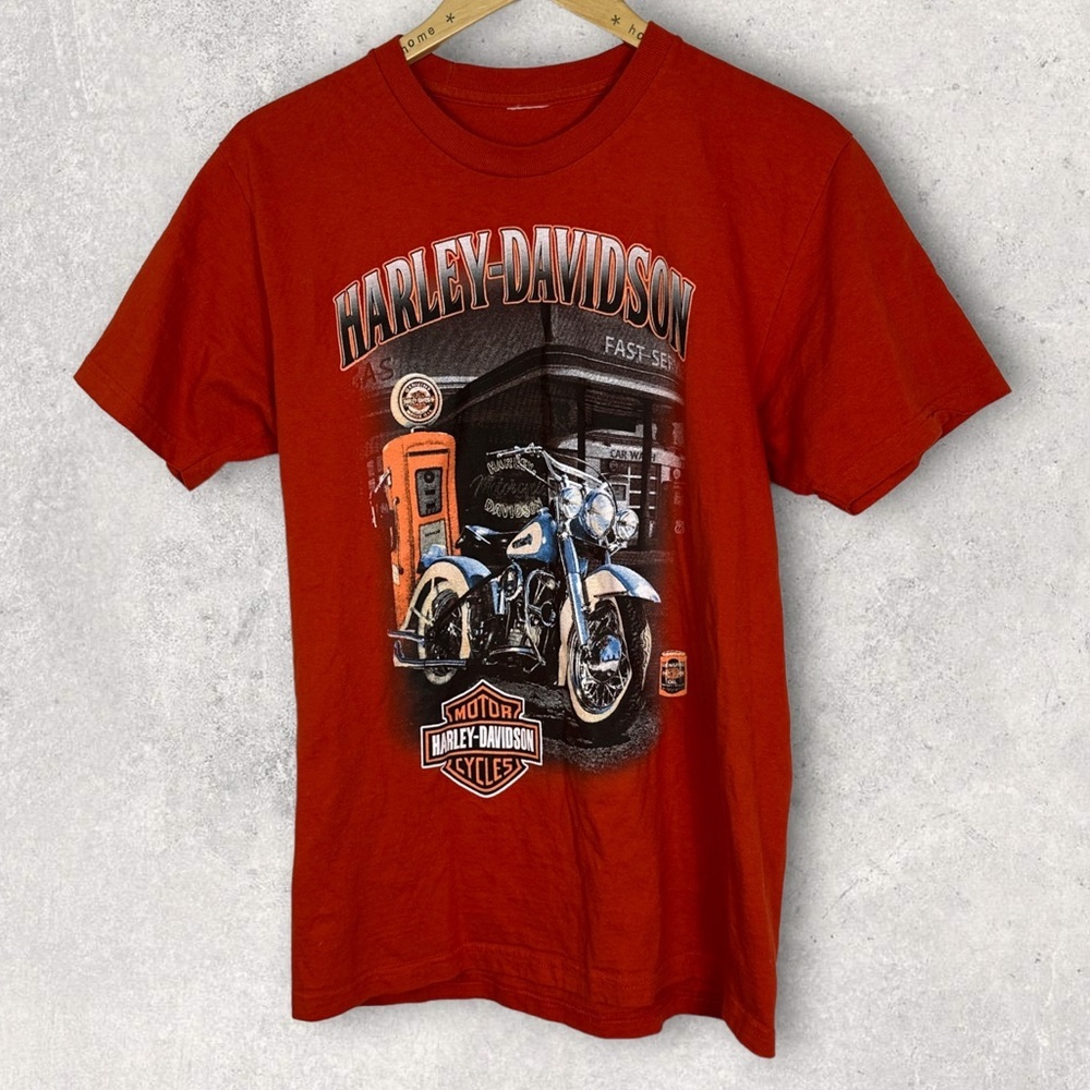 Harley Davidson Graphic T-Shirt Orange Short Sleeve Motorcycle Gas Station Tee